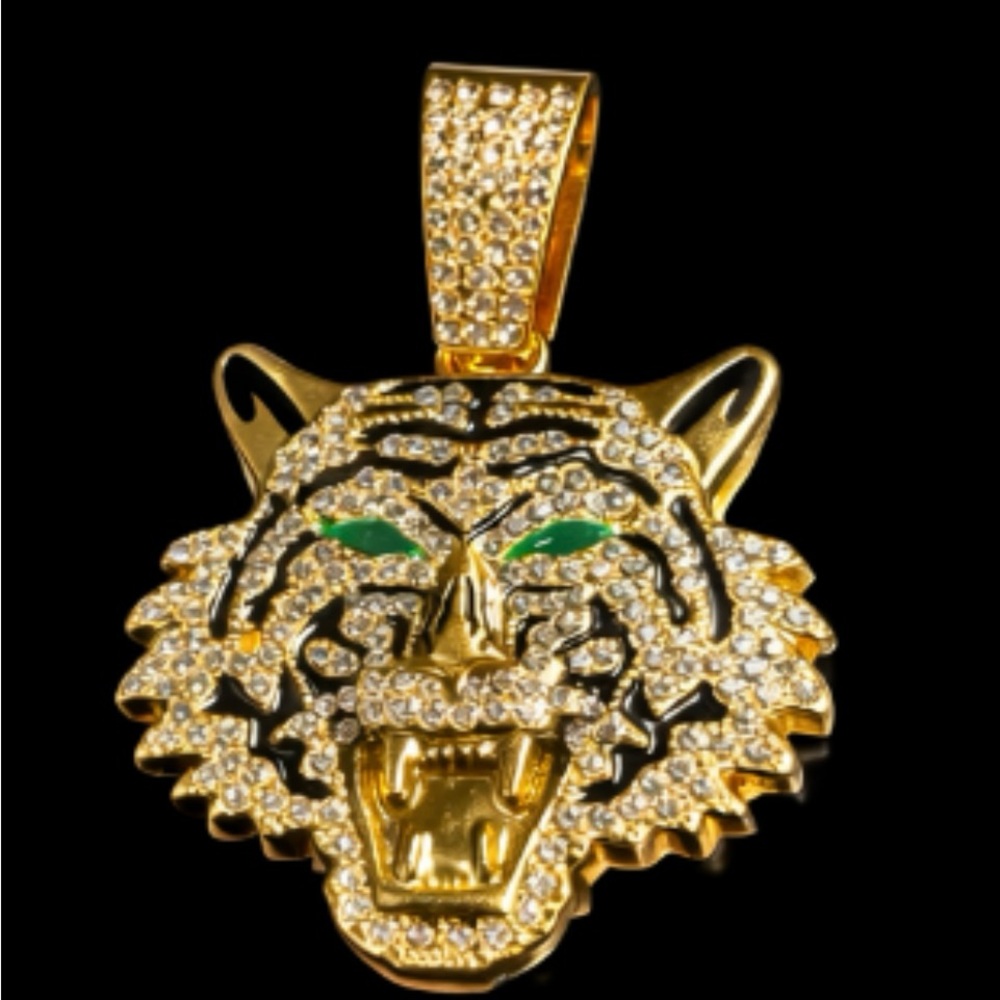 Gold Stainless Steel Iced-Out Tiger Head Pendant with Green Eyes charm 2” x 3”